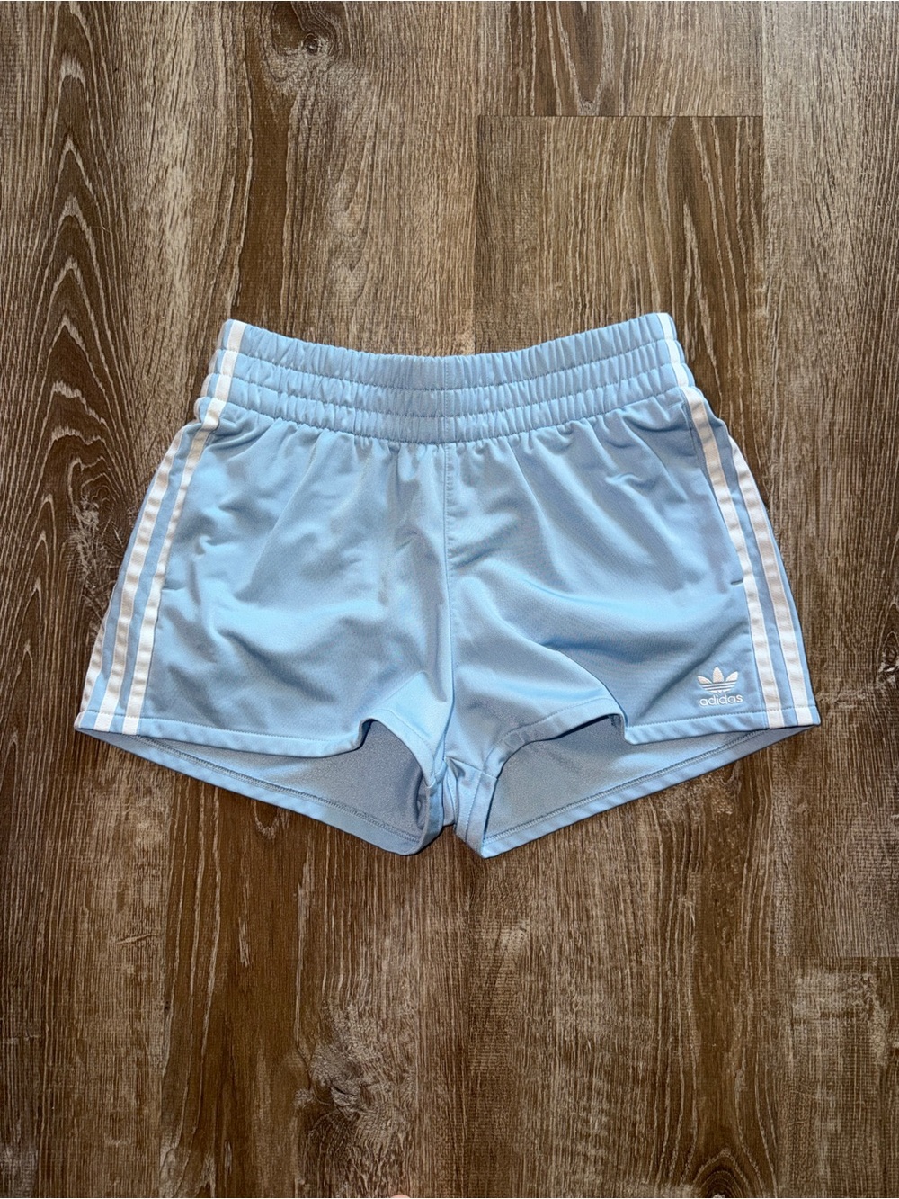 Vintage Y2K Adidas Women’s Light Blue 3-Stripes Athletic Shorts